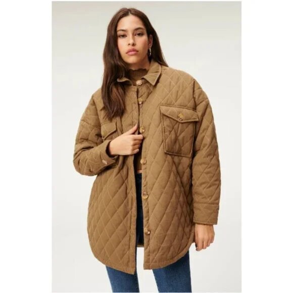 Good American Quilted Faux-sherpa Lined Shacket In Brown 00/0 XS/S - Picture 2 of 16